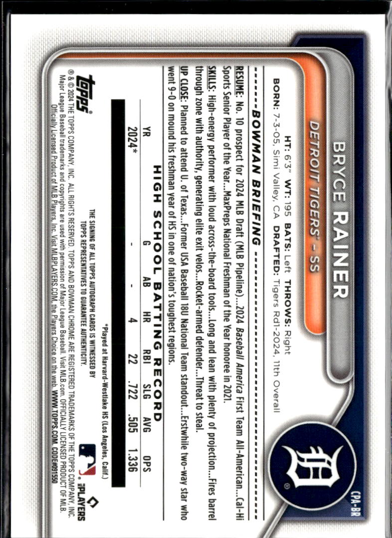 Bryce Rainer 2024 Bowman Chrome 1st Auto Autograph Detroit Tigers