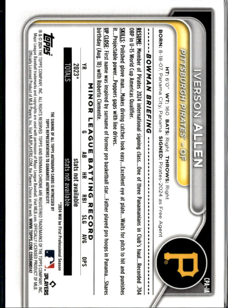 Iverson Allen 2024 Bowman Chrome 1st Auto Autograph Pittsburgh Pirates