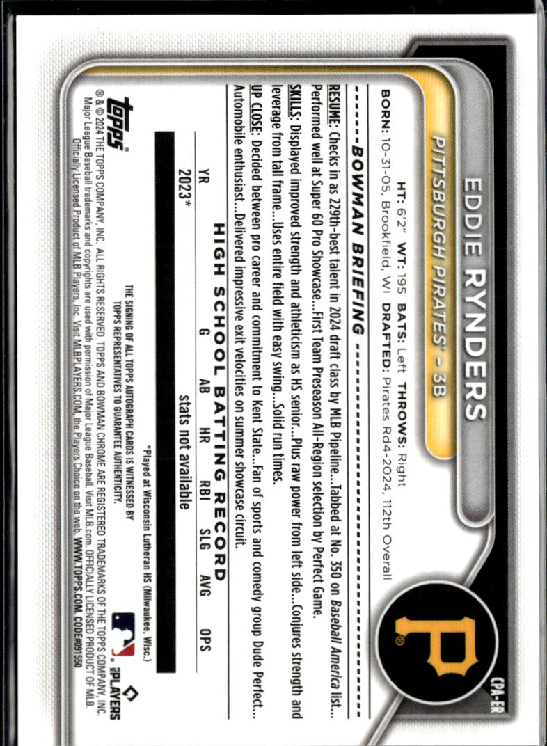 Eddie Rynders 2024 Bowman Chrome 1st Auto Autograph Pittsburgh Pirates