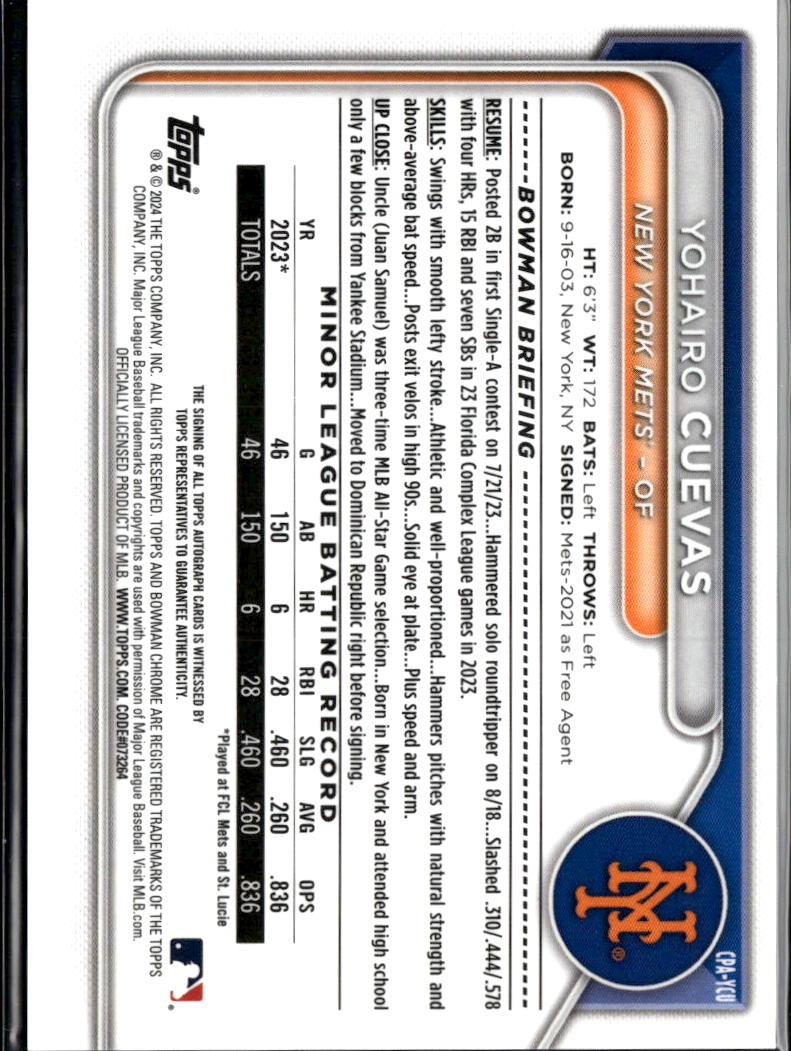 Yohairo Cuevas 2024 Bowman Chrome 1st Auto Autograph New York Mets