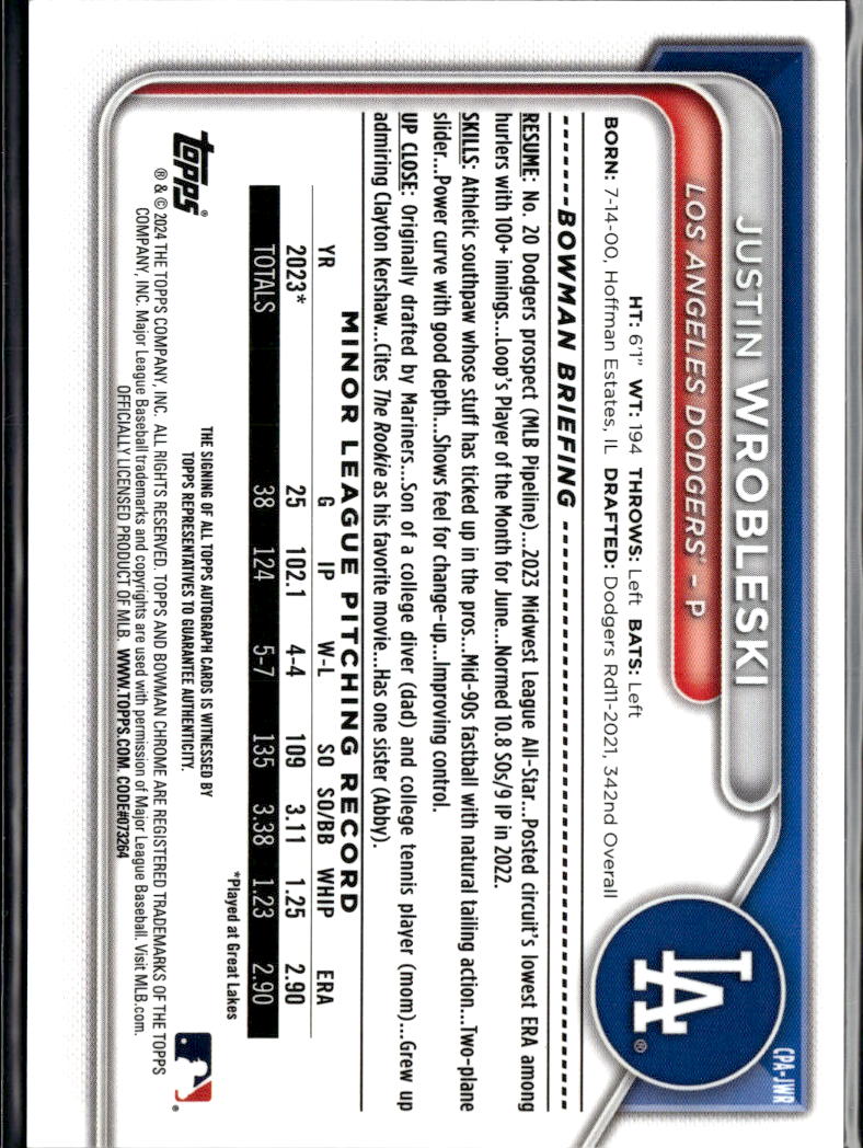 Justin Wrobleski 2024 Bowman Chrome 1st Auto Autograph Los Angeles Dodgers