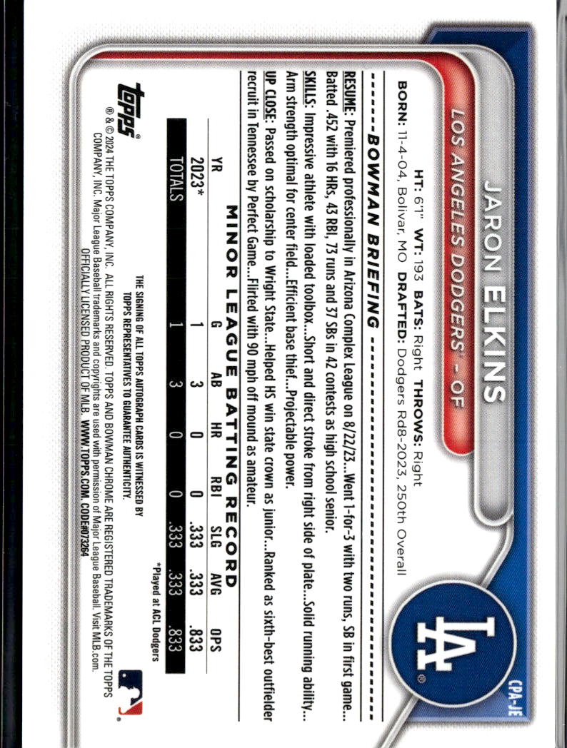 Jaron Elkins 2024 Bowman Chrome 1st Auto Autograph Los Angeles Dodgers