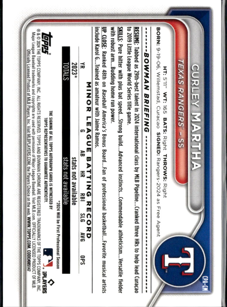 Curley Martha 2024 Bowman Chrome 1st Auto Autograph Texas Rangers