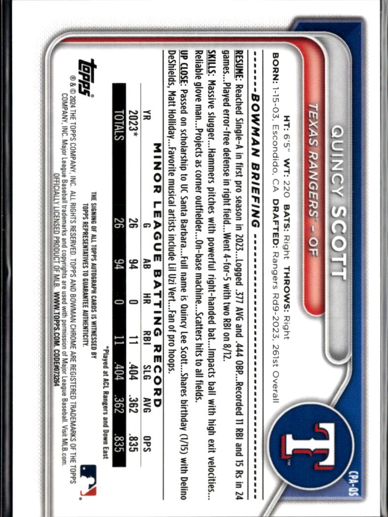 Quincy Scott 2024 Bowman Chrome 1st Auto Autograph Texas Rangers
