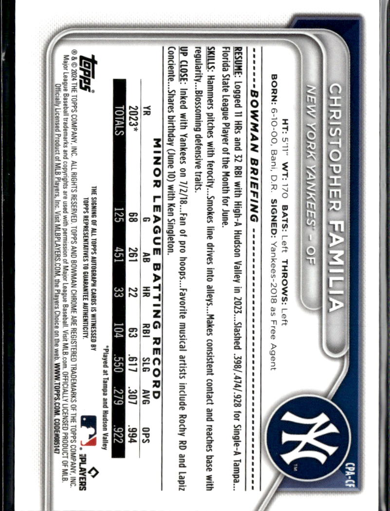 Christopher Familia 2024 Bowman Chrome 1st Auto Autograph New York Yankees