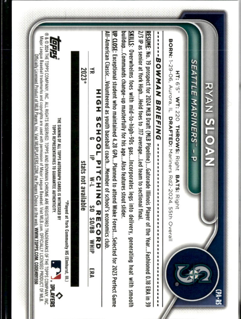 Ryan Sloan 2024 Bowman Chrome 1st Auto Autograph Seattle Mariners