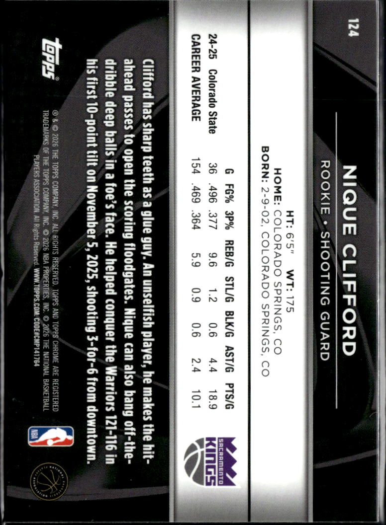 Nique Clifford 2026 Topps Chrome Black Rookie RC Sacramento Kings