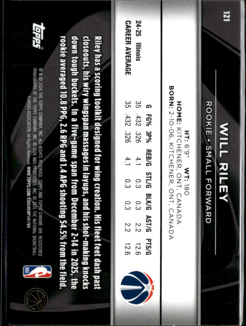 Will Riley 2026 Topps Chrome Black Rookie RC Washington Wizards