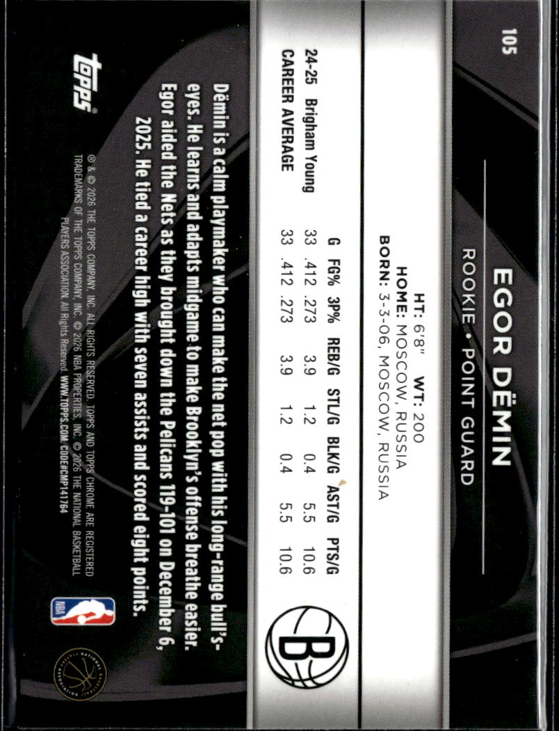 Egor Dëmin 2026 Topps Chrome Black Rookie RC Brooklyn Nets