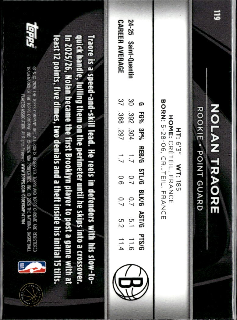 Nolan Traore 2026 Topps Chrome Black Rookie RC Brooklyn Nets