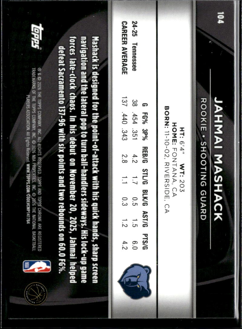 Jahmai Mashack 2026 Topps Chrome Black Rookie RC Memphis Grizzlies