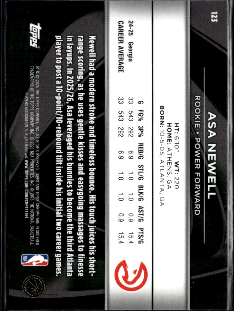 Asa Newell 2026 Topps Chrome Black Rookie RC Atlanta Hawks