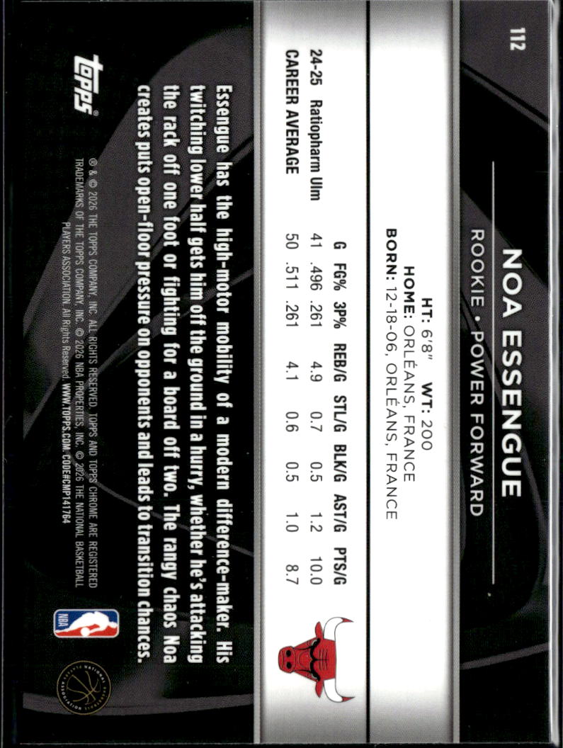 Noa Essengue 2026 Topps Chrome Black Rookie RC Chicago Bulls