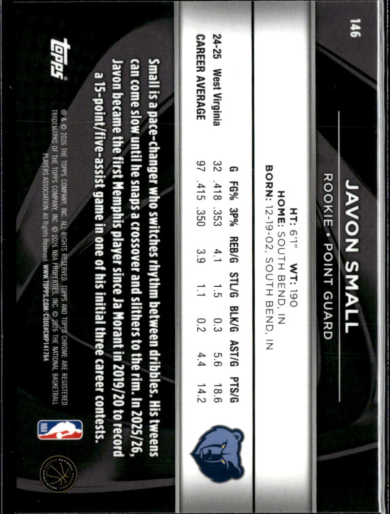 Javon Small 2026 Topps Chrome Black Rookie RC Memphis Grizzlies