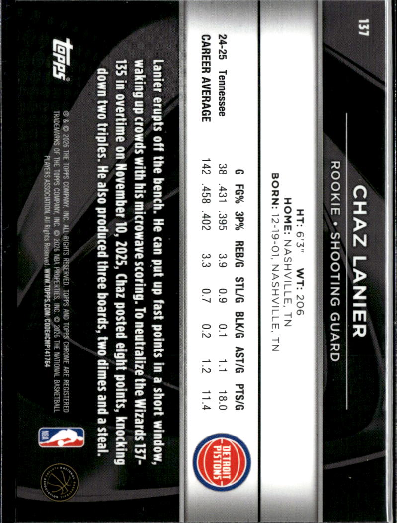 Chaz Lanier 2026 Topps Chrome Black Rookie RC Detroit Pistons