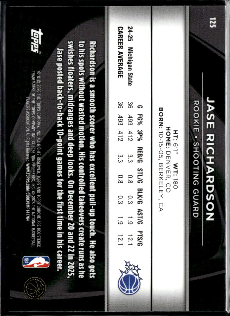 Jase Richardson 2026 Topps Chrome Black Rookie RC Orlando Magic