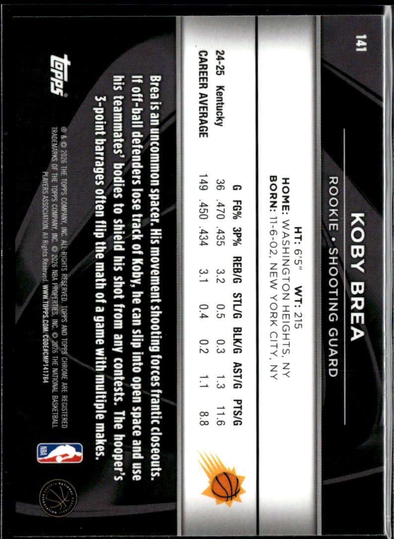 Koby Brea 2026 Topps Chrome Black Rookie RC Phoenix Suns