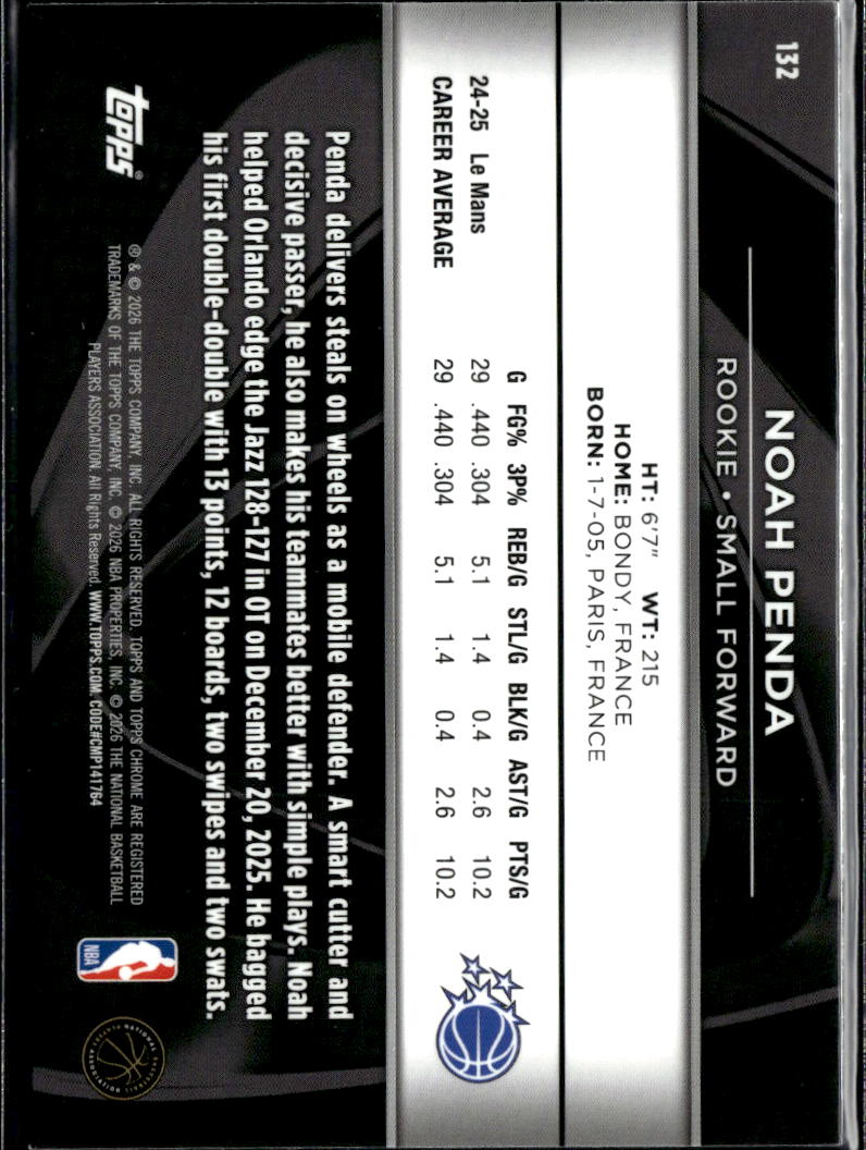 Noah Penda 2026 Topps Chrome Black Rookie RC Orlando Magic