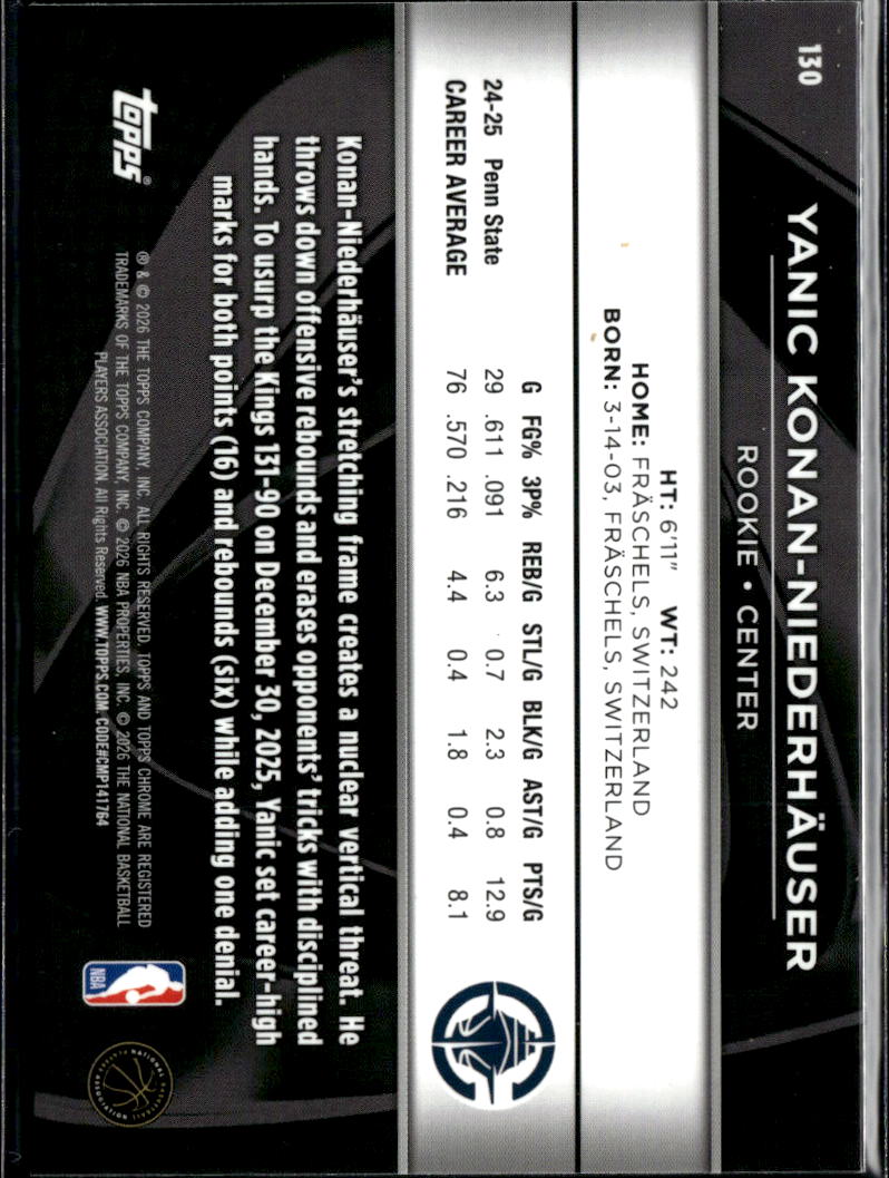 Yanic Konan-Niederhauser 2026 Topps Chrome Black Rookie RC LA Clippers