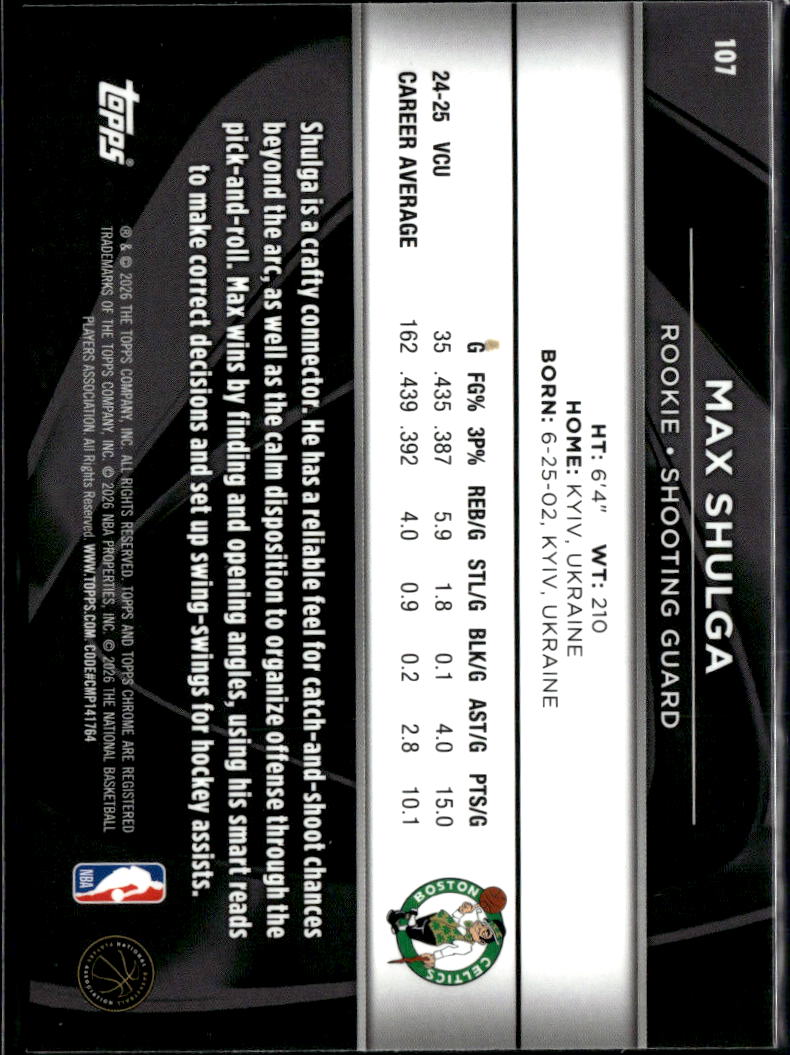 Max Shulga 2026 Topps Chrome Black Rookie RC Boston Celtics