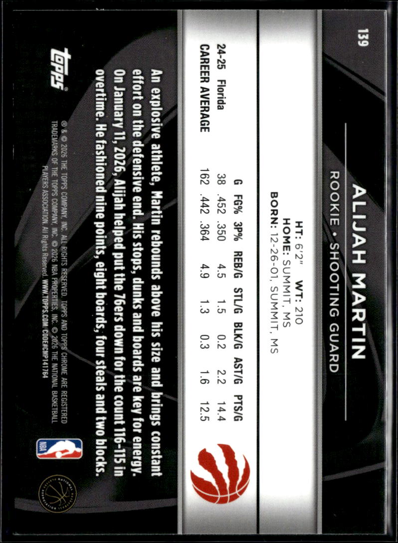 Alijah Martin 2026 Topps Chrome Black Rookie RC Toronto Raptors