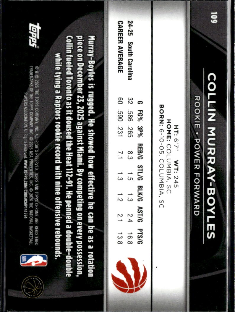Collin Murray-Boyles 2026 Topps Chrome Black Rookie  RC Toronto Raptors