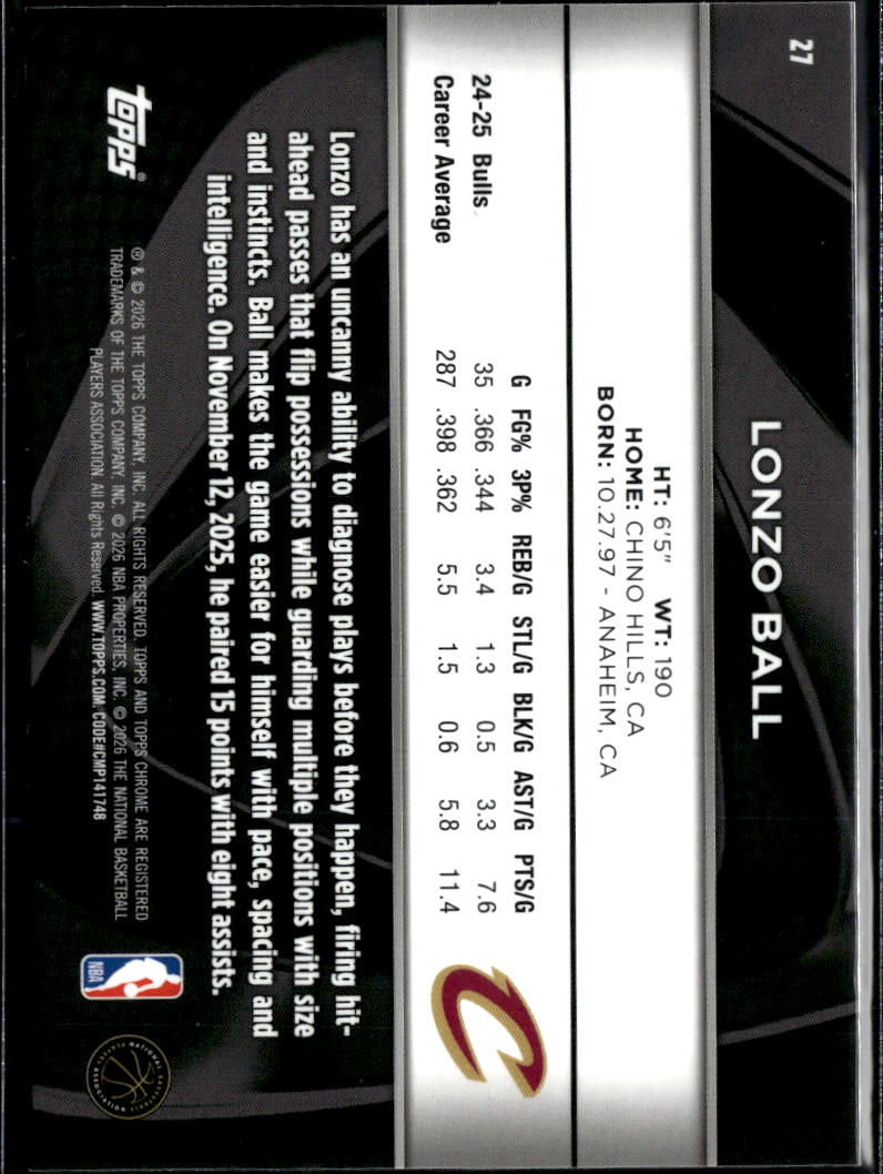 Lonzo Ball 2026 Topps Chrome Black Cleveland Cavaliers