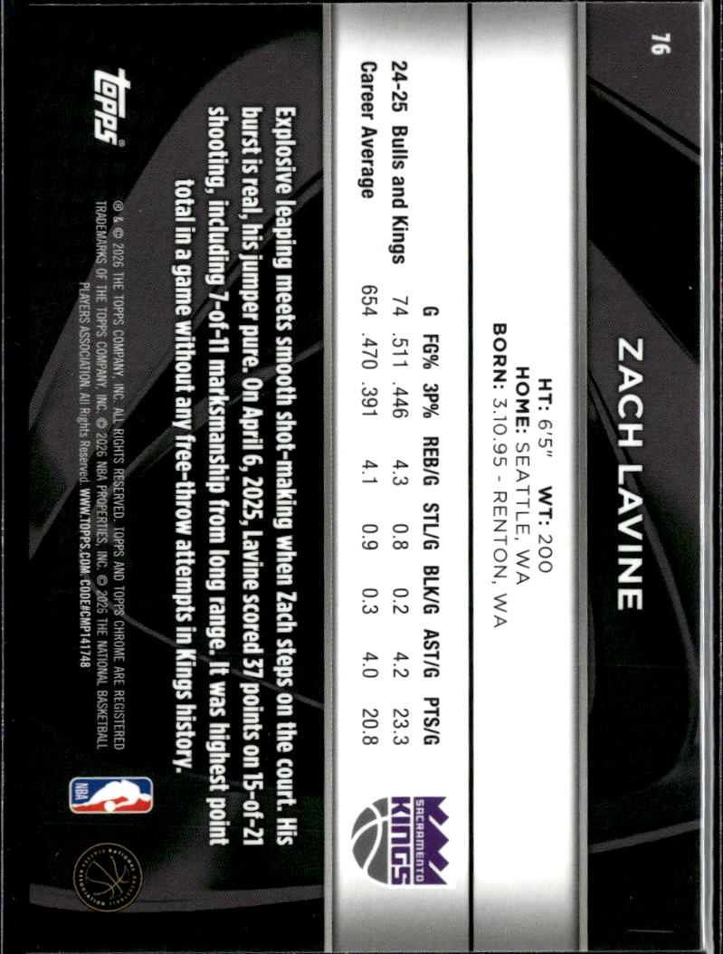 Zach LaVine 2026 Topps Chrome Black Sacramento Kings
