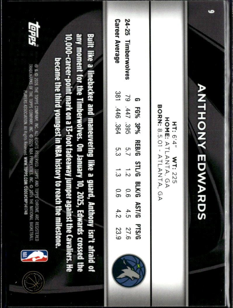 Anthony Edwards 2026 Topps Chrome Black Minnesota Timberwolves