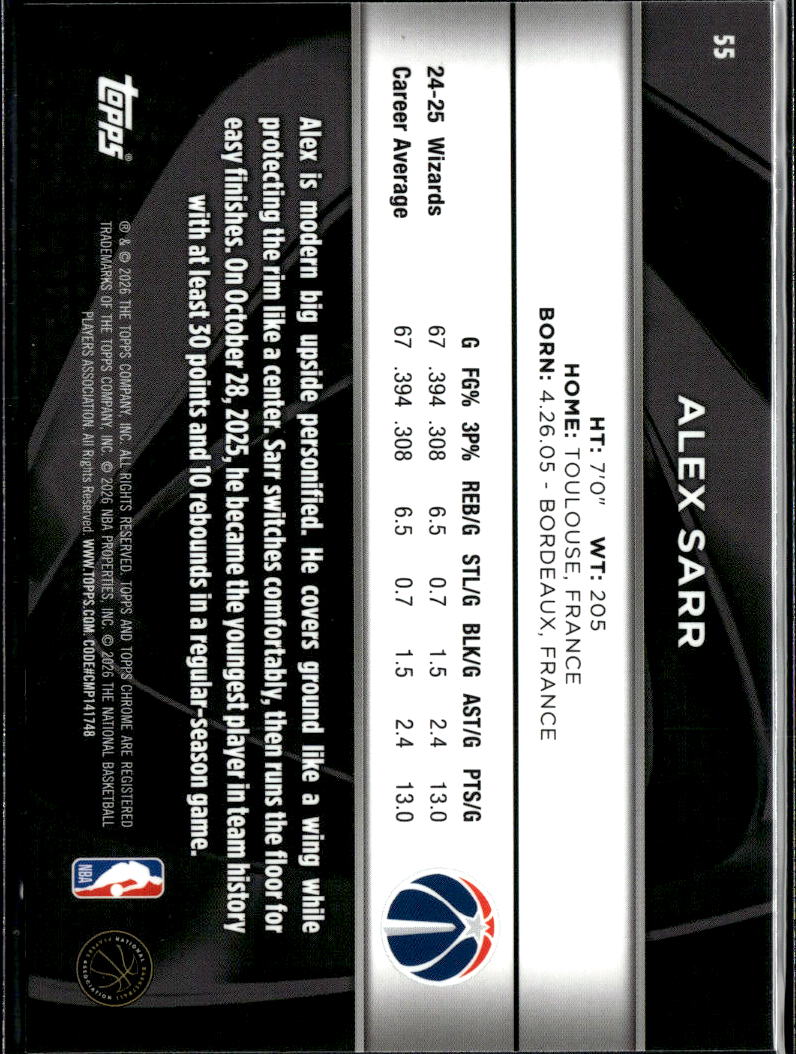 Alex Sarr 2026 Topps Chrome Black Washington Wizards