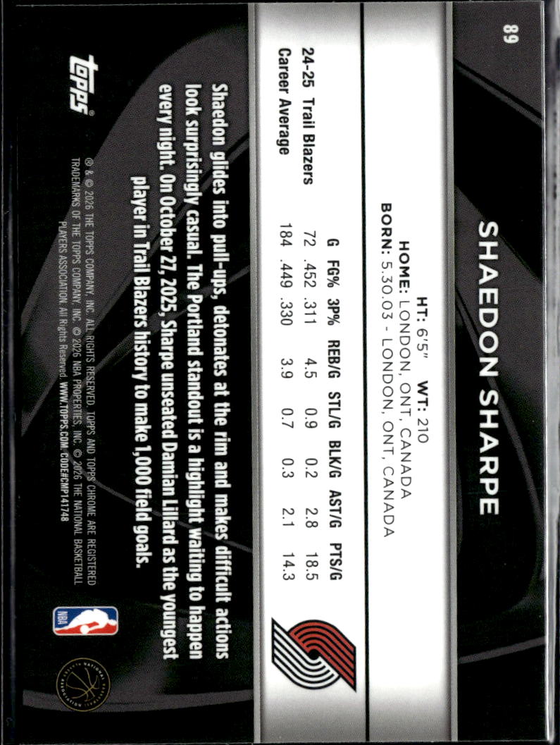 Shaedon Sharpe 2026 Topps Chrome Black Portland Trail Blazers