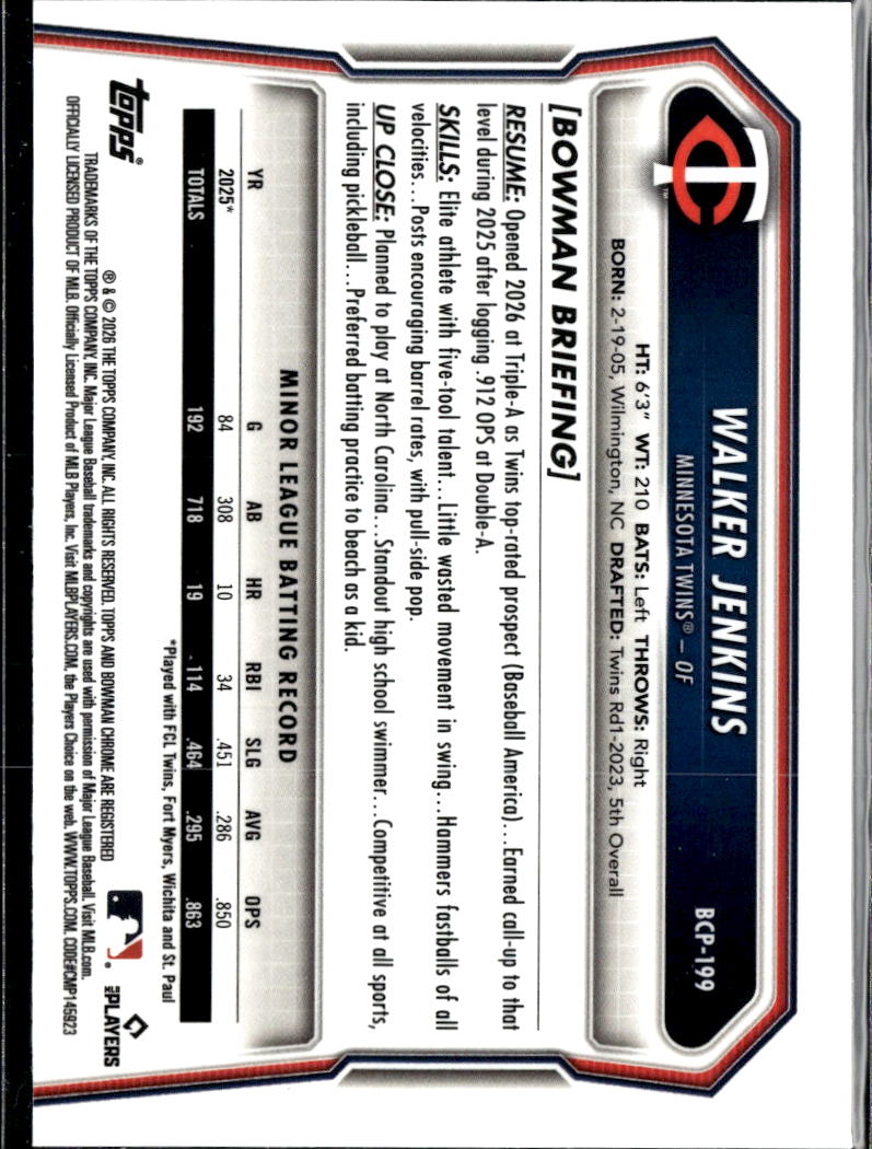Walker Jenkins 2026 Bowman Chrome Xfractor Minnesota Twins