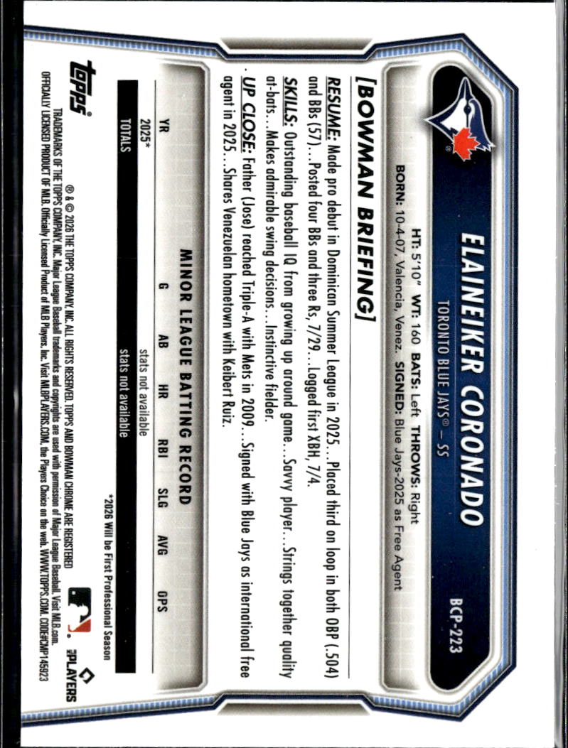 Elaineiker Coronado 2026 Bowman Chrome 1st Xfractor Toronto Blue Jays