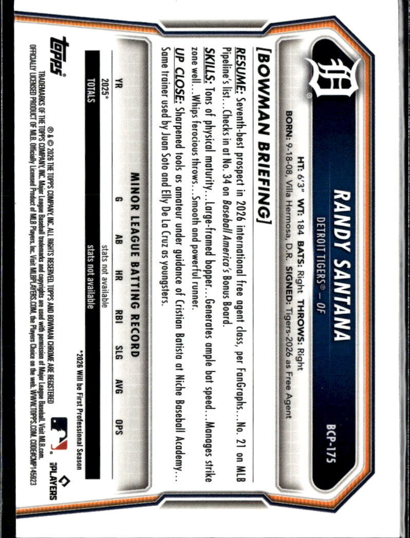 Randy Santana 2026 Bowman Chrome 1st Xfractor Detroit Tigers