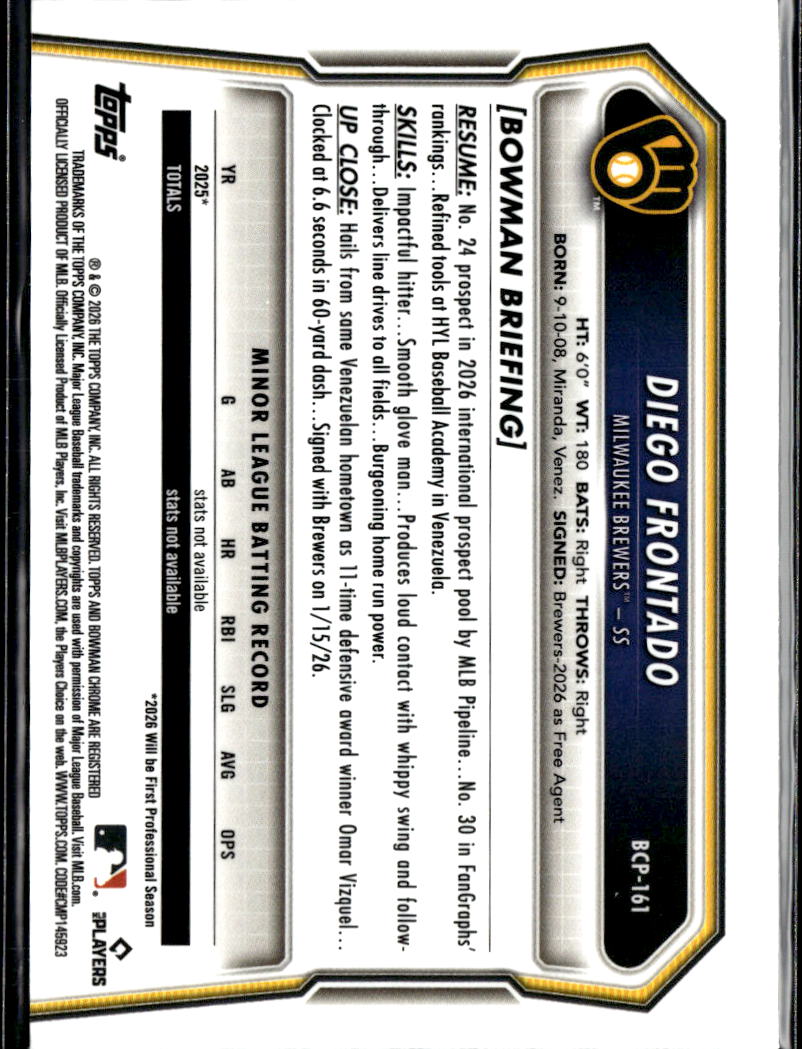 Diego Frontado 2026 Bowman Chrome 1st Xfractor Milwaukee Brewers
