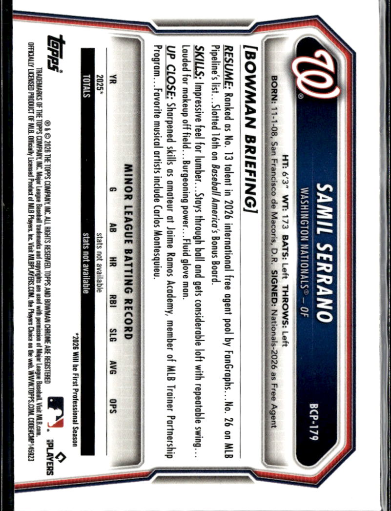 Samil Serrano 2026 Bowman Chrome 1st XFractor Washington Nationals