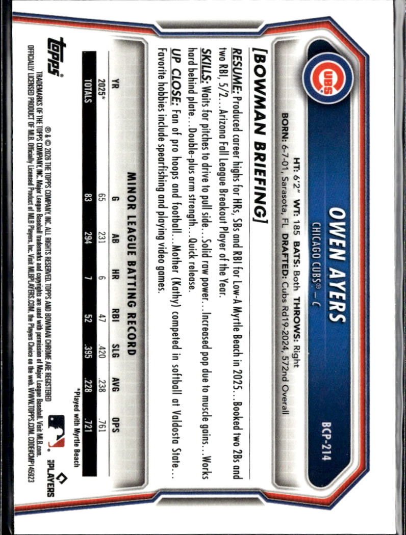 Owen Ayers 2026 Bowman Chrome 1st Xfractor Chicago Cubs