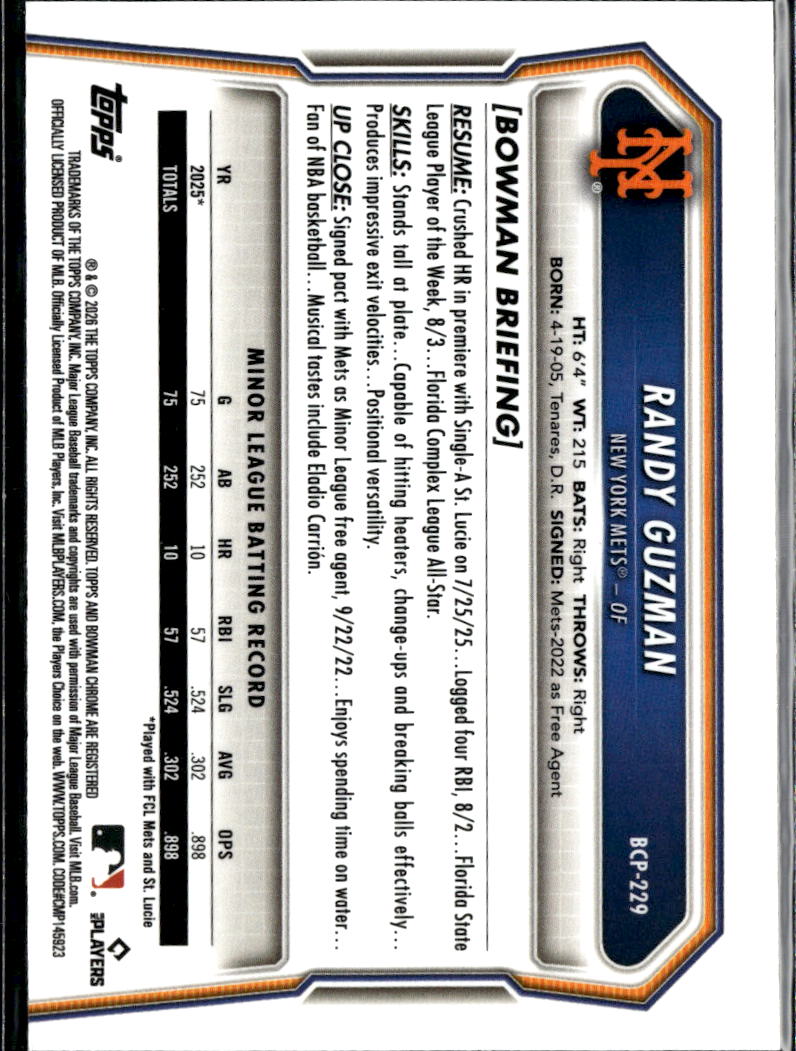 Randy Guzman 2026 Bowman Chrome 1st Xfractor New York Mets