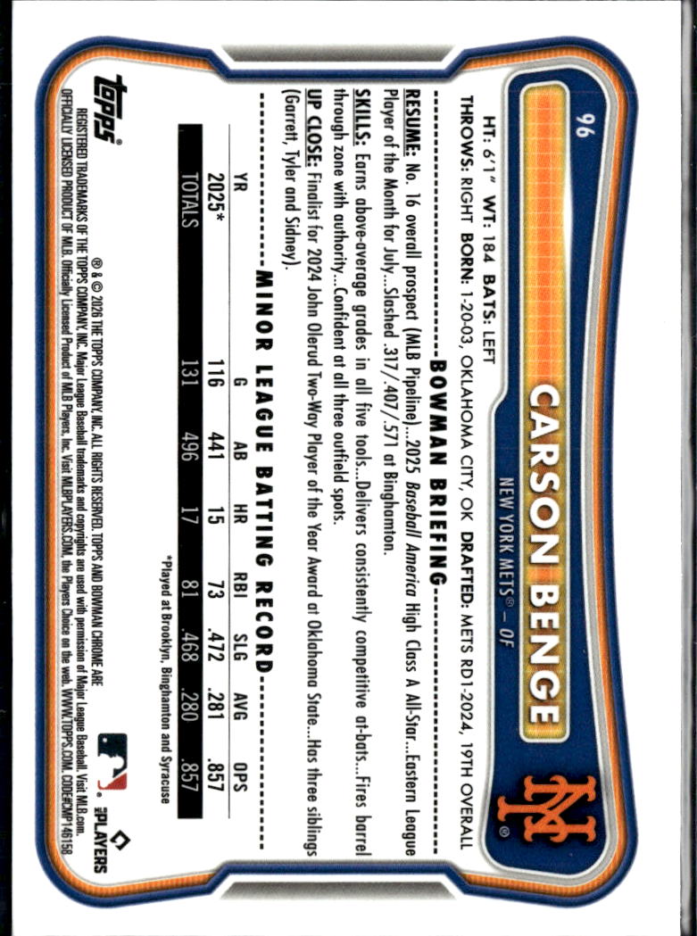 Carson Benge 2026 Bowman Chrome RED Refractor RC New York Mets