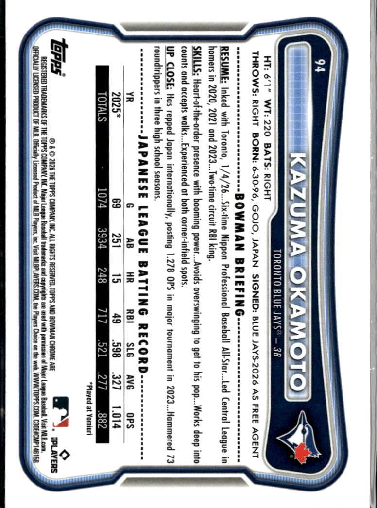 Kazuma Okamoto 2026 Bowman Chrome RED Refractor RC Toronto Blue Jays