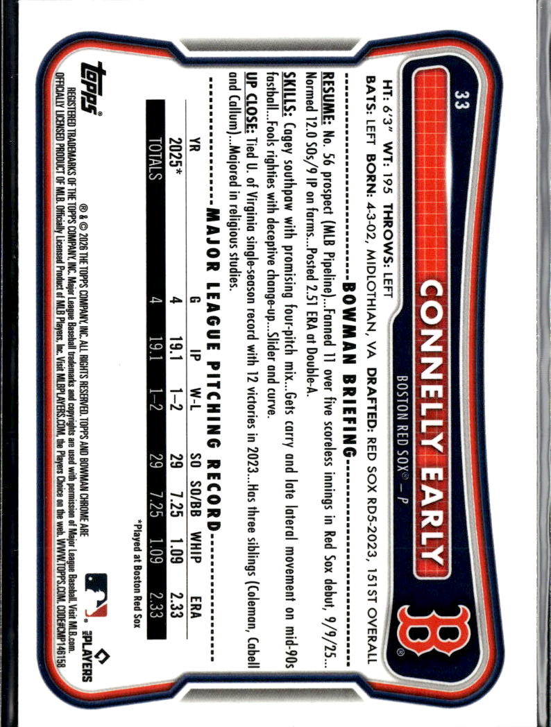Connelly Early 2026 Bowman Chrome RED Refractor RC Boston Red Sox