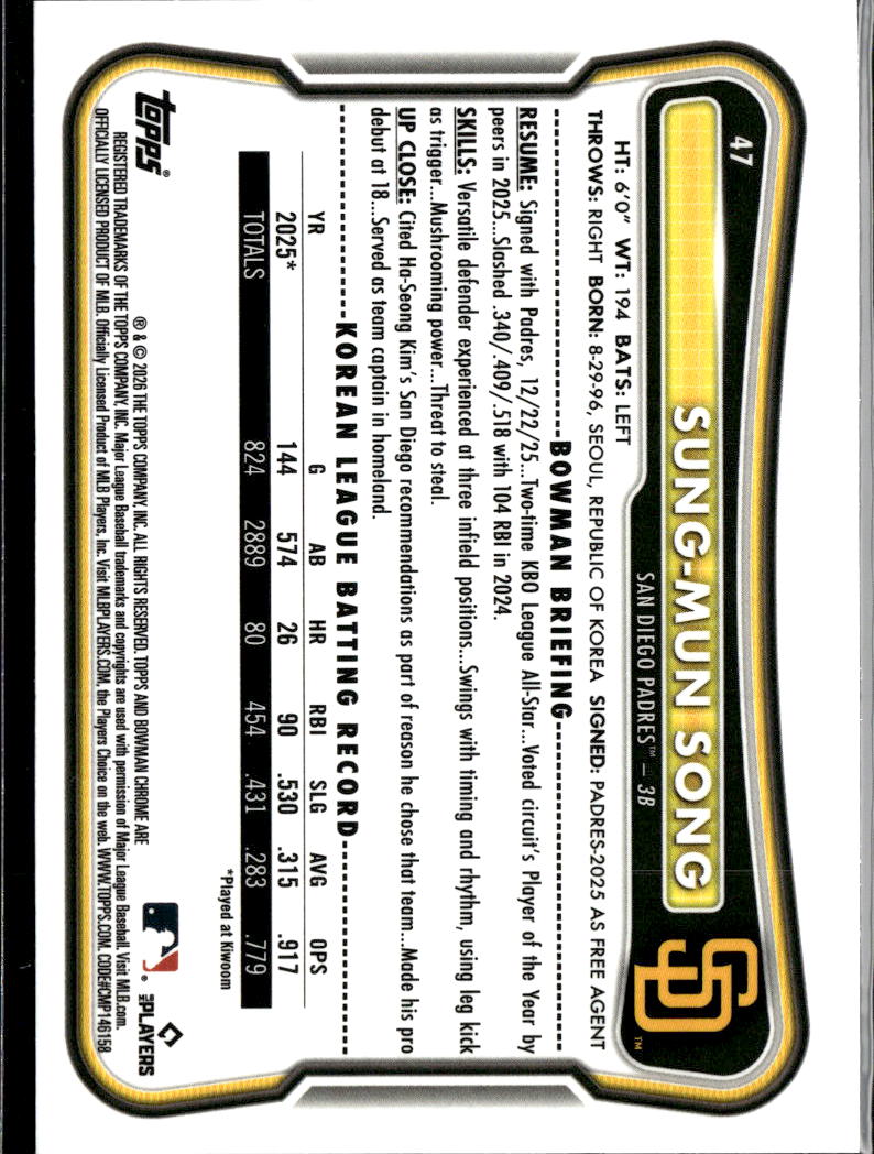 Sung-Mun Song 2026 Bowman Chrome RED Refractor RC San Diego Padres