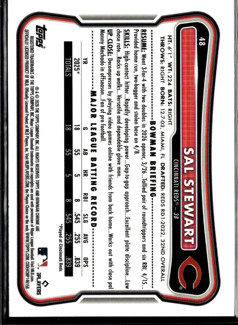 Sal Stewart 2026 Bowman Chrome RED Refractor Cincinnati Reds
