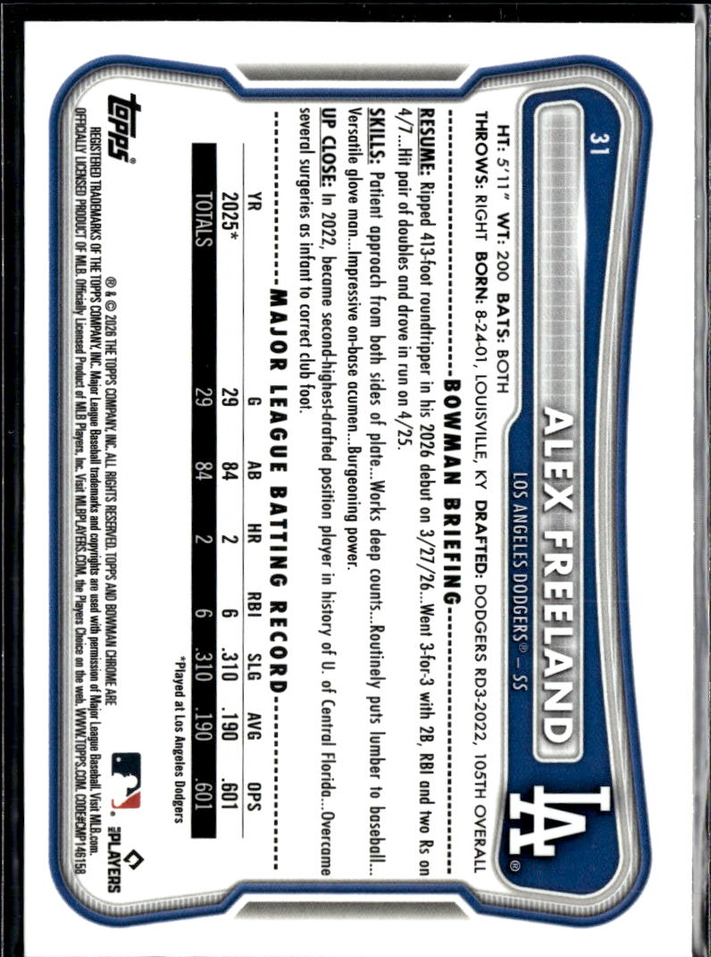 Alex Freeland 2026 Bowman Chrome RC Los Angeles Dodgers