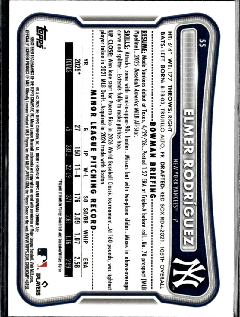 Elmer Rodriguez 2026 Bowman Chrome RED Refractor RC New York Yankees