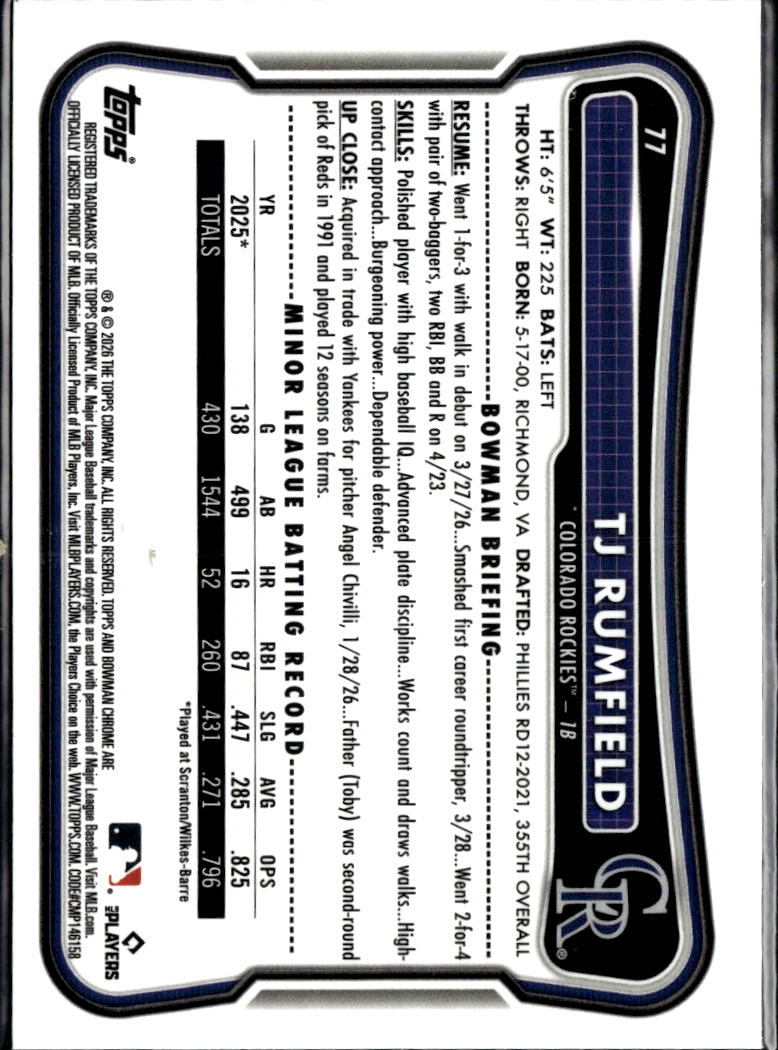 TJ Rumfield 2026 Bowman Chrome RED Refractor RC Colorado Rockies