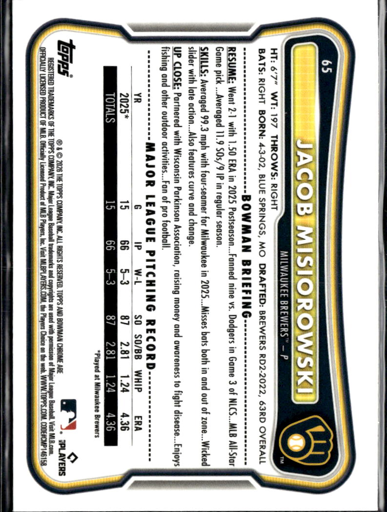 Jacob Misiorowski 2026 Bowman Chrome RED Refractor RC Milwaukee Brewers