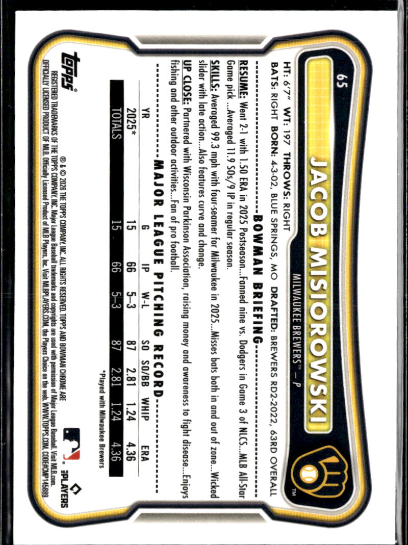 Jacob Misiorowski 2026 Bowman Chrome Rookie RC Milwaukee Brewers
