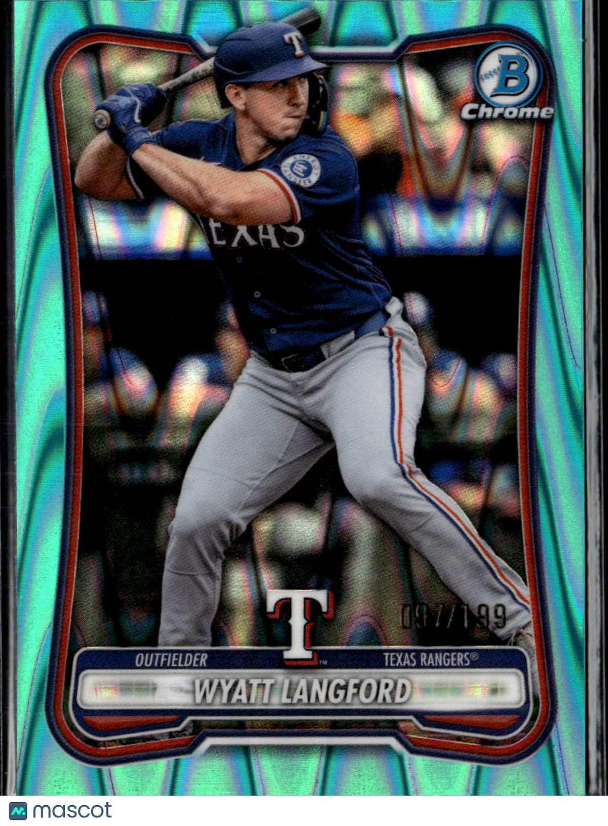 Wyatt Langford 2026 Bowman Chrome Aqua RayWave Refractor 97/199 Texas Rangers