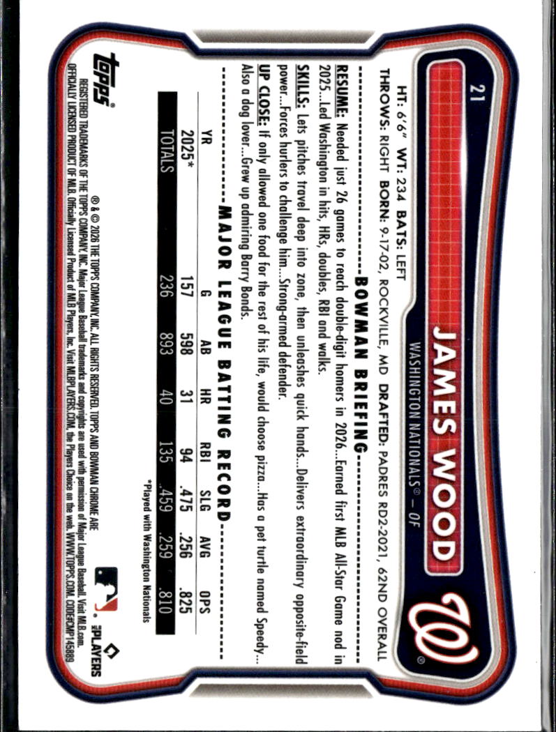 James Wood 2026 Bowman Chrome Purple Refractor 38/299 Washington Nationals
